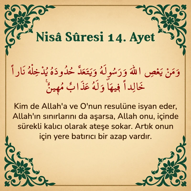 Nisâ Sûresi 14. Ayet Arapça ve Türkçe meali