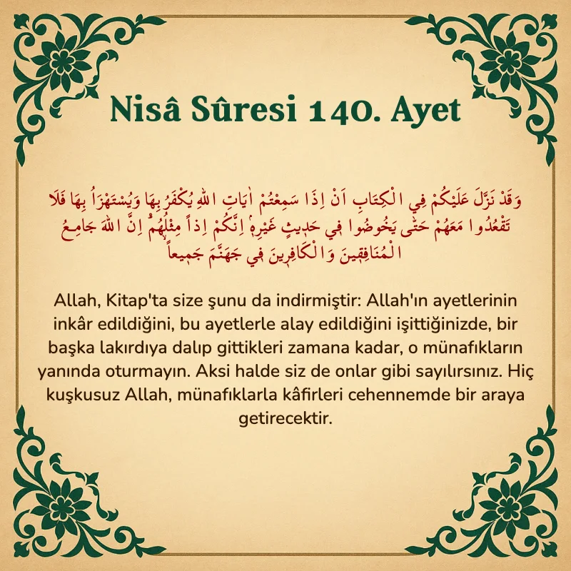 Nisâ Sûresi 140. Ayet Arapça ve Türkçe meali