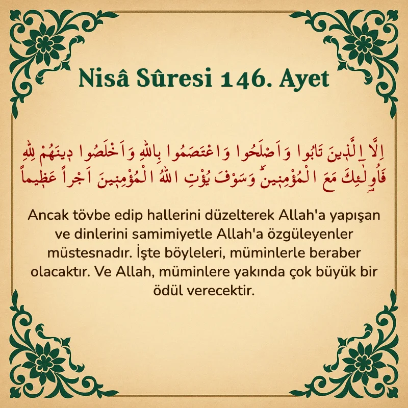 Nisâ Sûresi 146. Ayet Arapça ve Türkçe meali
