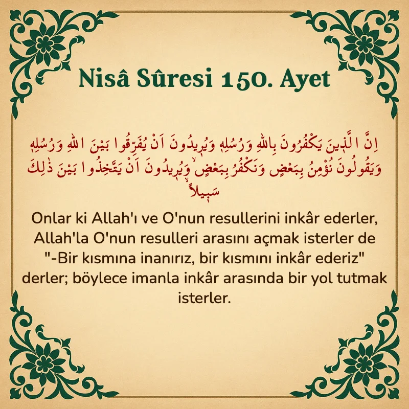 Nisâ Sûresi 150. Ayet Arapça ve Türkçe meali