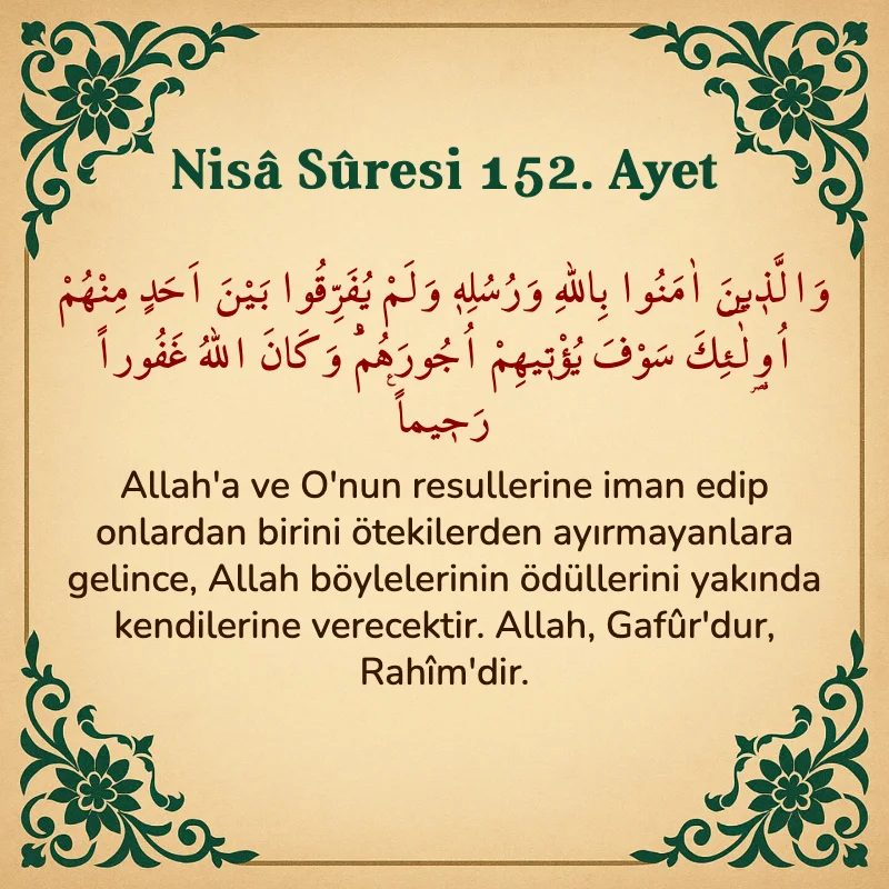 Nisâ Sûresi 152. Ayet Arapça ve Türkçe meali