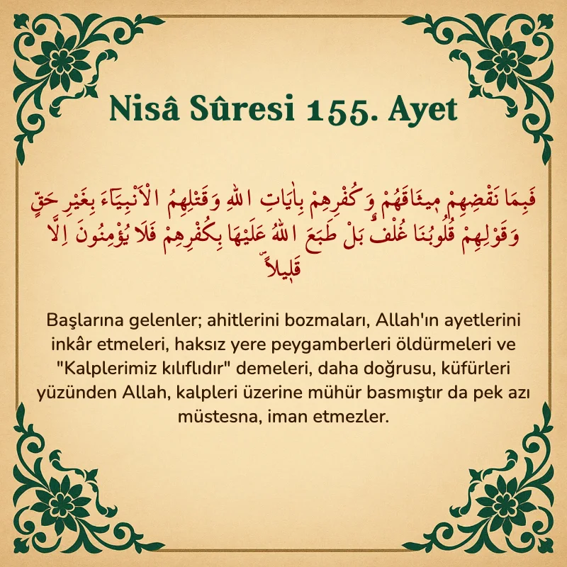 Nisâ Sûresi 155. Ayet Arapça ve Türkçe meali