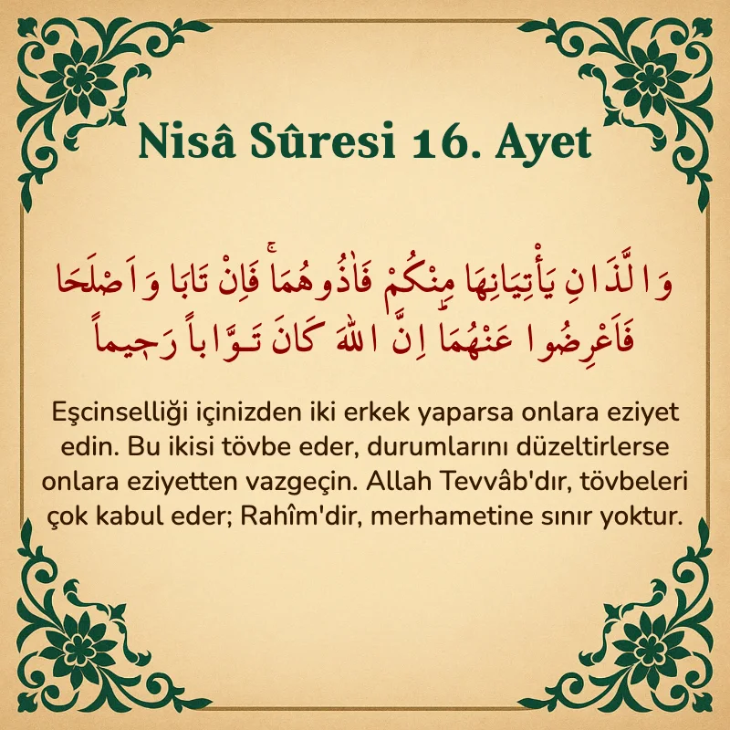 Nisâ Sûresi 16. Ayet Arapça ve Türkçe meali