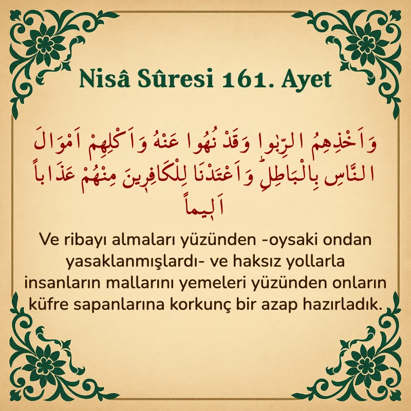 Nisâ Sûresi 161. Ayet Arapça ve Türkçe meali