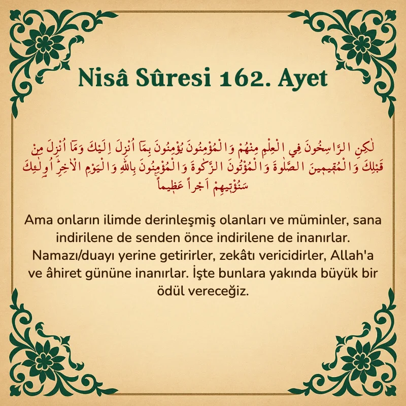 Nisâ Sûresi 162. Ayet Arapça ve Türkçe meali