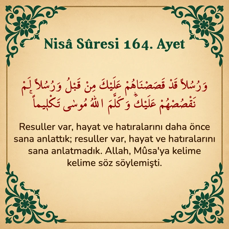 Nisâ Sûresi 164. Ayet Arapça ve Türkçe meali