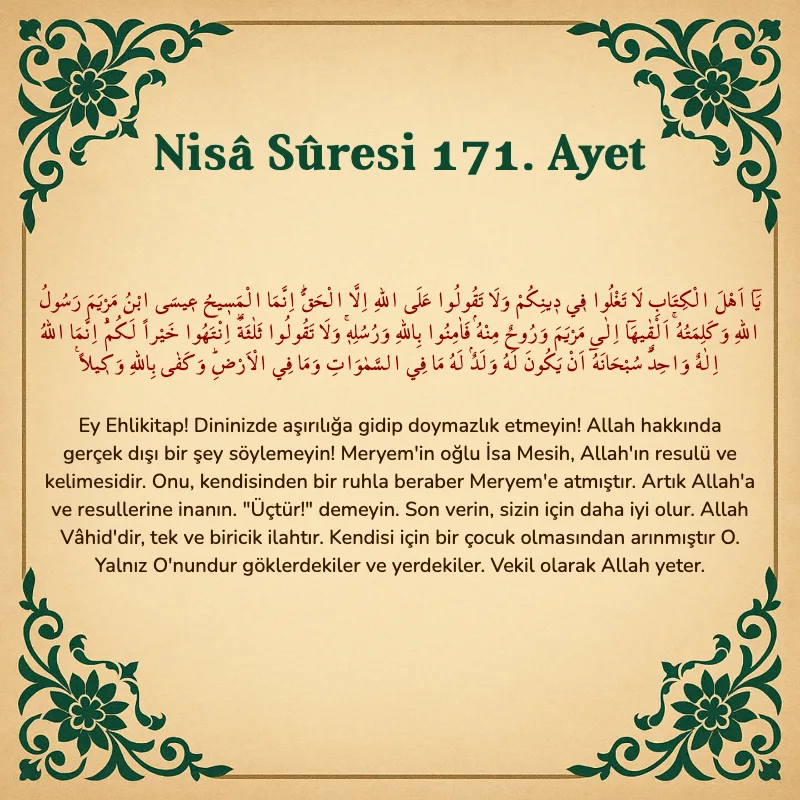 Nisâ Sûresi 171. Ayet Arapça ve Türkçe meali