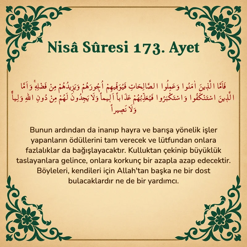 Nisâ Sûresi 173. Ayet Arapça ve Türkçe meali