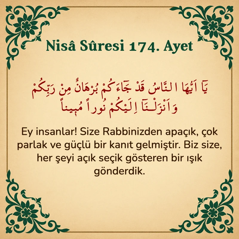 Nisâ Sûresi 174. Ayet Arapça ve Türkçe meali