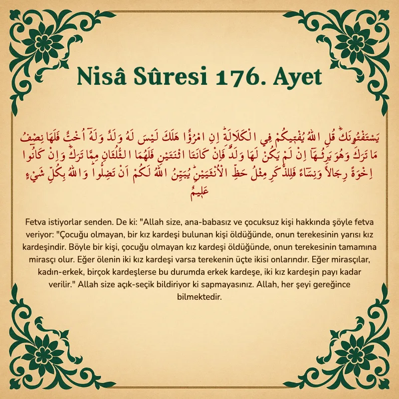 Nisâ Sûresi 176. Ayet Arapça ve Türkçe meali