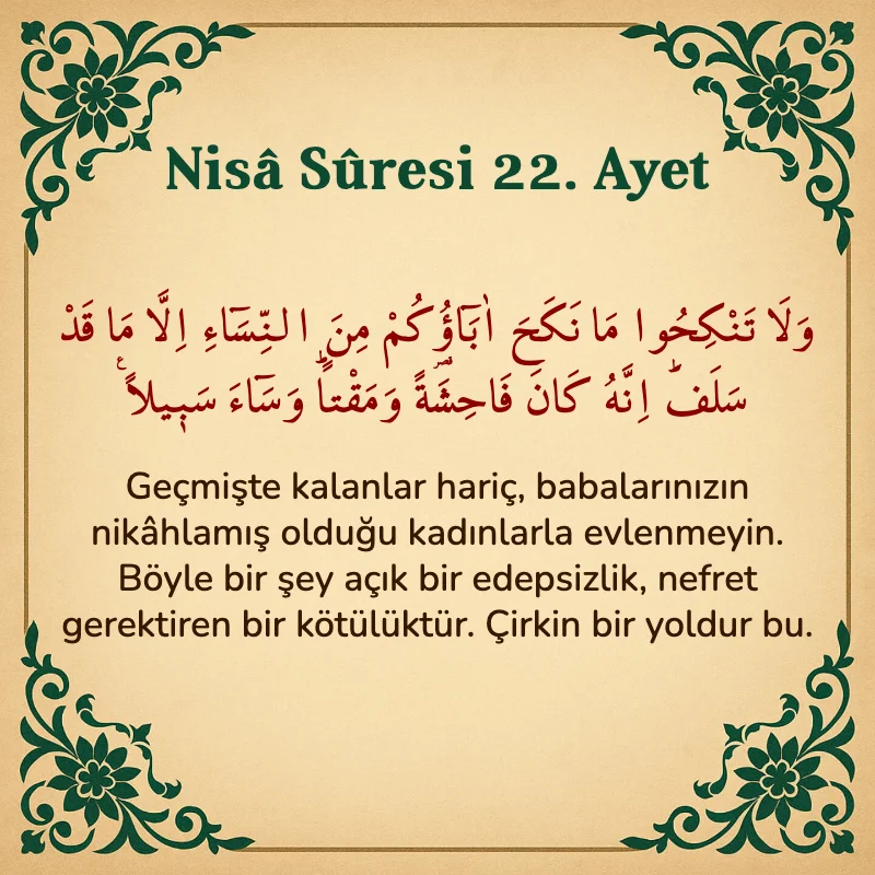 Nisâ Sûresi 22. Ayet Arapça ve Türkçe meali