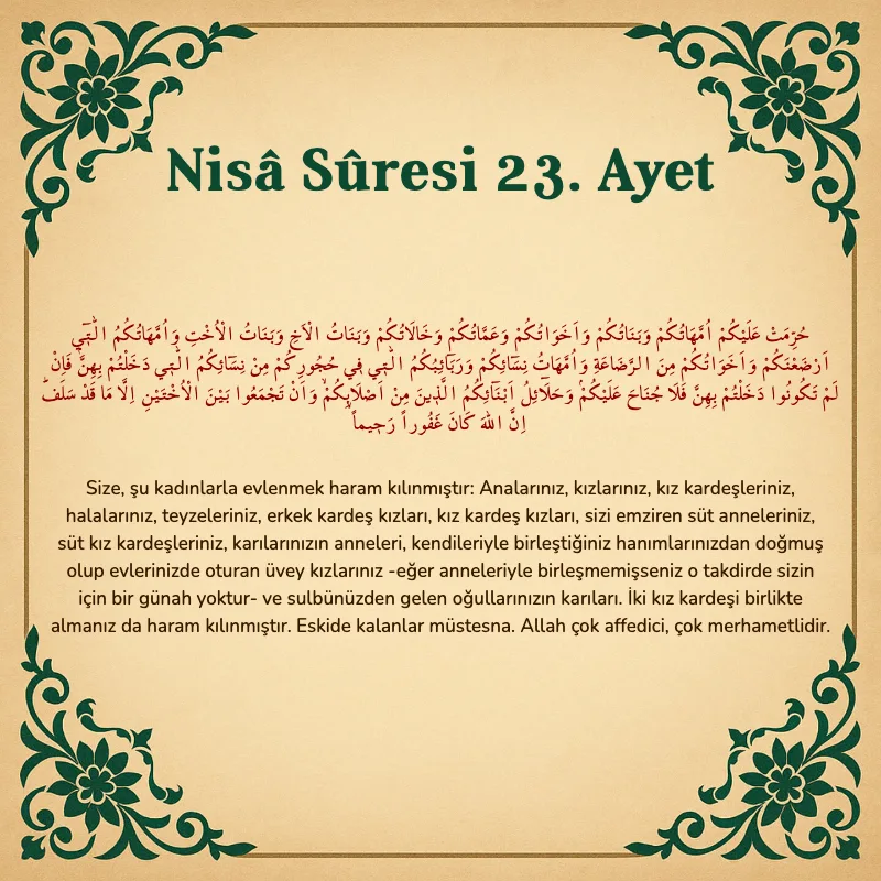 Nisâ Sûresi 23. Ayet Arapça ve Türkçe meali