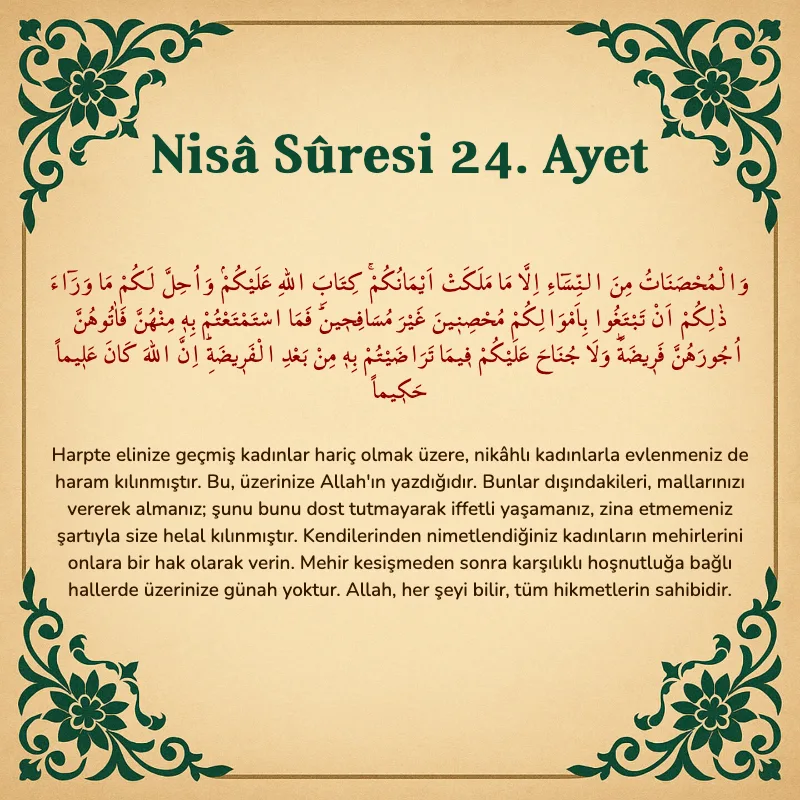 Nisâ Sûresi 24. Ayet Arapça ve Türkçe meali
