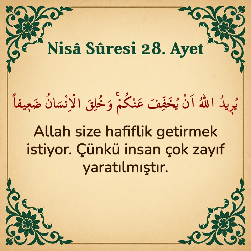 Nisâ Sûresi 28. Ayet Arapça ve Türkçe meali