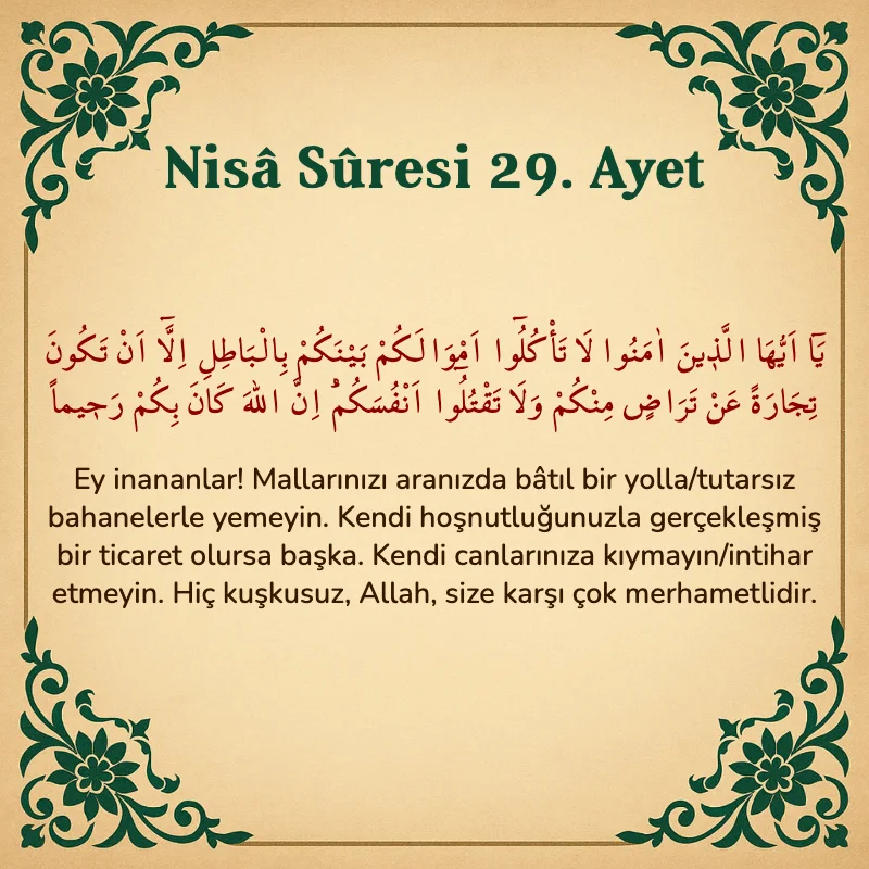 Nisâ Sûresi 29. Ayet Arapça ve Türkçe meali