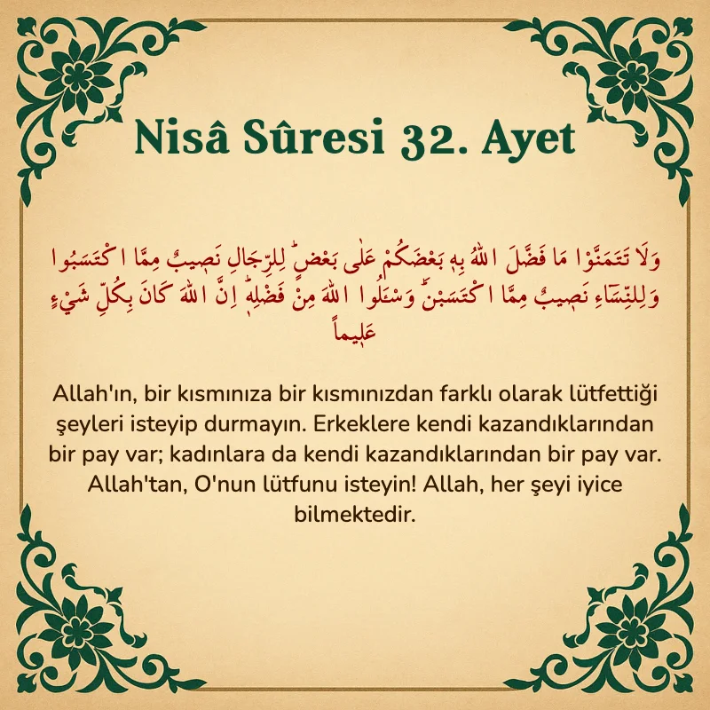 Nisâ Sûresi 32. Ayet Arapça ve Türkçe meali