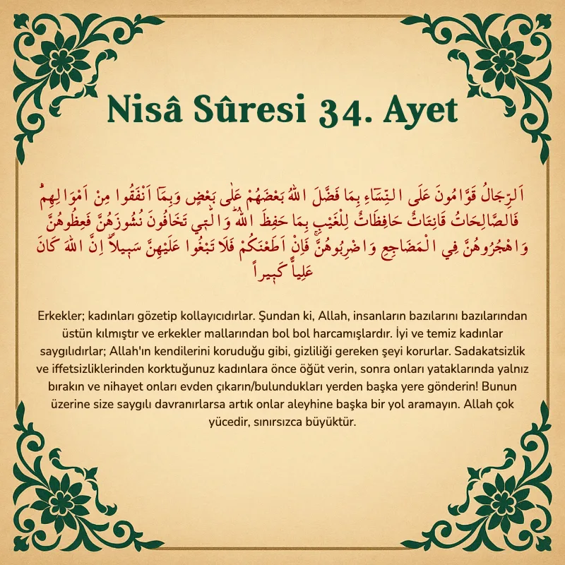 Nisâ Sûresi 34. Ayet Arapça ve Türkçe meali