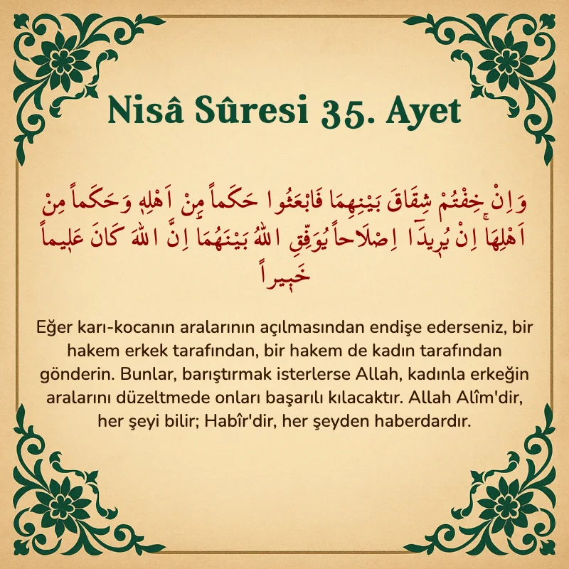 Nisâ Sûresi 35. Ayet Arapça ve Türkçe meali