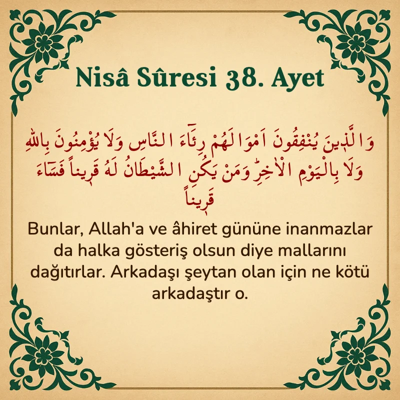 Nisâ Sûresi 38. Ayet Arapça ve Türkçe meali