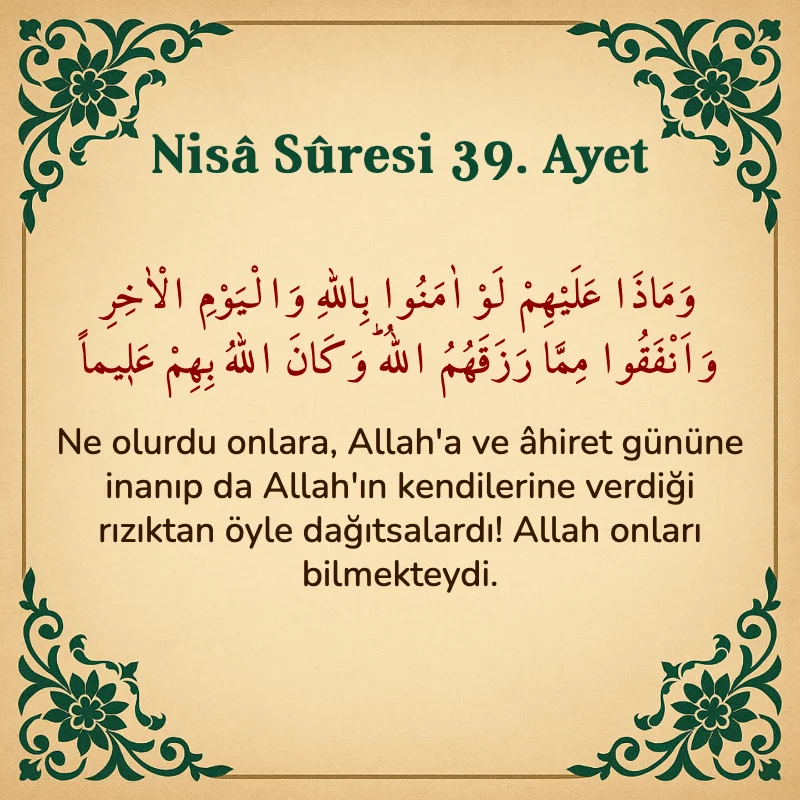 Nisâ Sûresi 39. Ayet Arapça ve Türkçe meali
