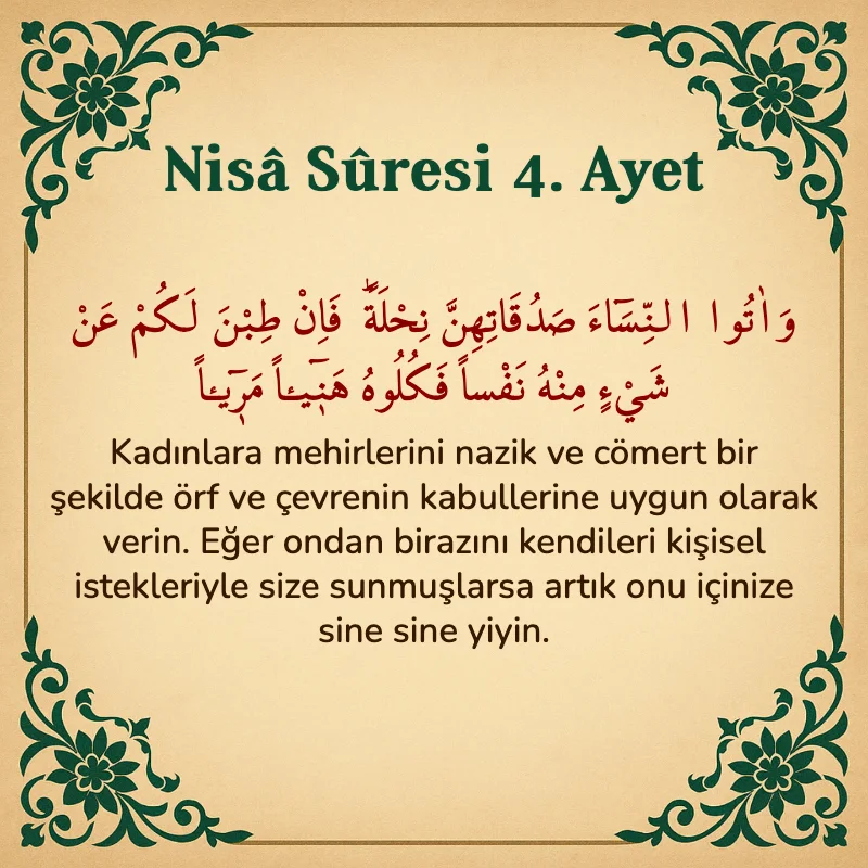 Nisâ Sûresi 4. Ayet Arapça ve Türkçe meali