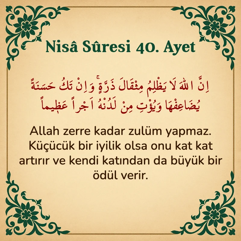 Nisâ Sûresi 40. Ayet Arapça ve Türkçe meali