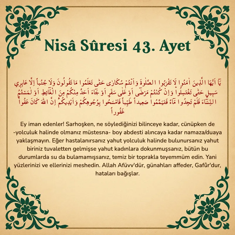 Nisâ Sûresi 43. Ayet Arapça ve Türkçe meali