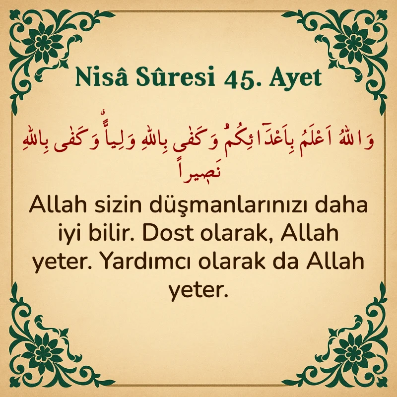 Nisâ Sûresi 45. Ayet Arapça ve Türkçe meali