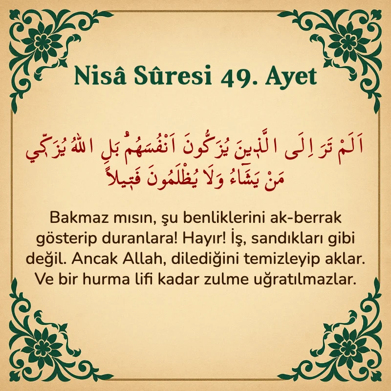 Nisâ Sûresi 49. Ayet Arapça ve Türkçe meali