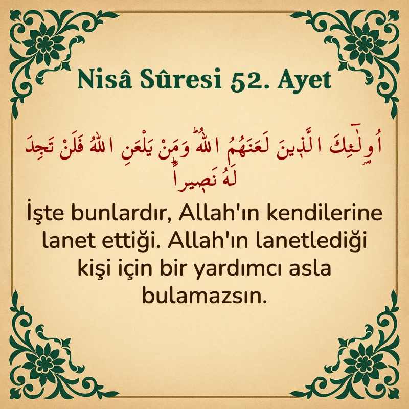 Nisâ Sûresi 52. Ayet Arapça ve Türkçe meali