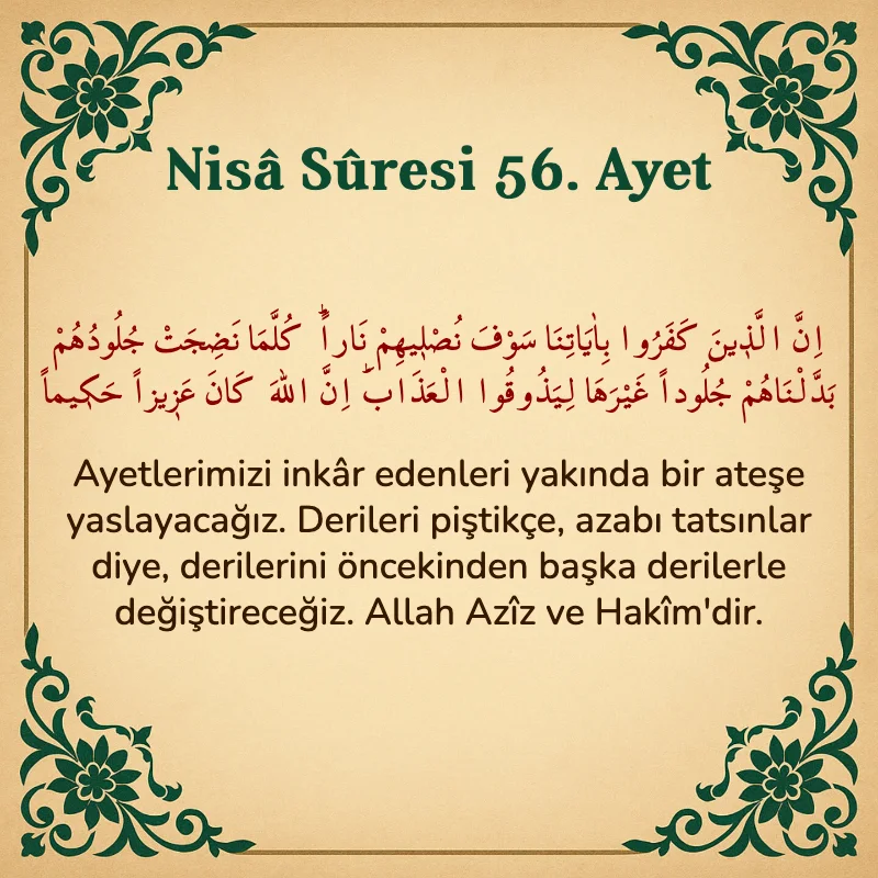 Nisâ Sûresi 56. Ayet Arapça ve Türkçe meali
