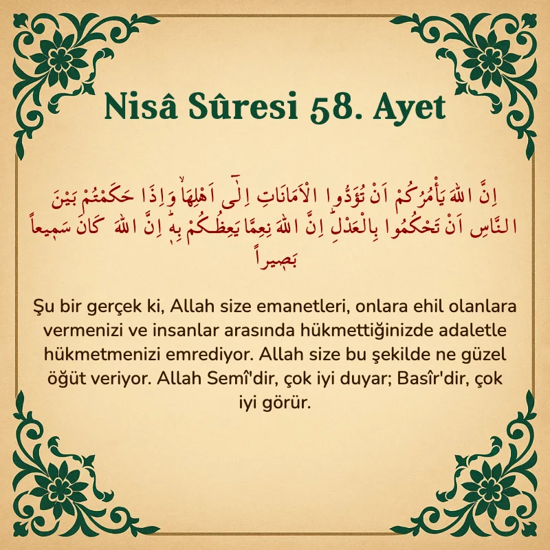 Nisâ Sûresi 58. Ayet Arapça ve Türkçe meali