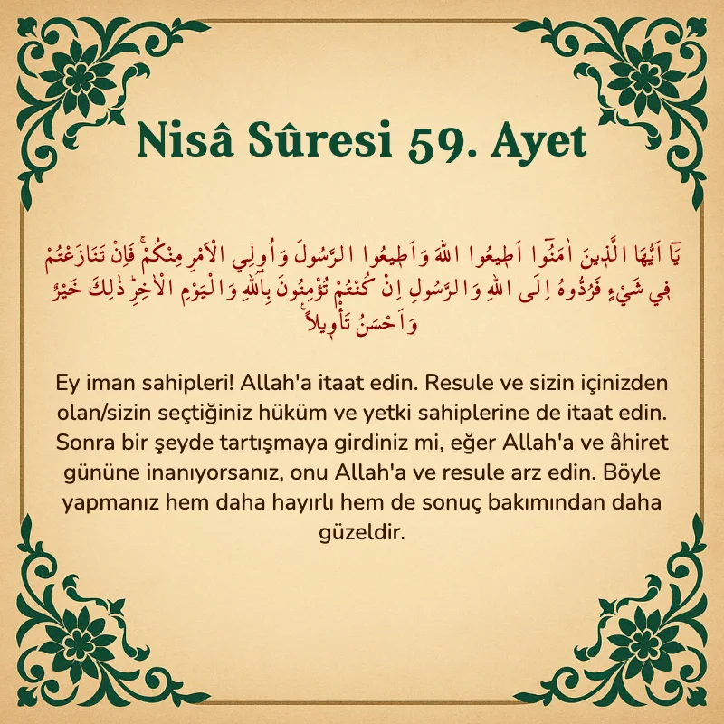 Nisâ Sûresi 59. Ayet Arapça ve Türkçe meali