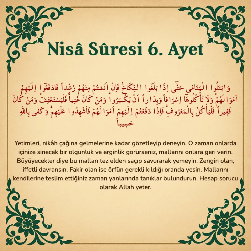 Nisâ Sûresi 6. Ayet Arapça ve Türkçe meali