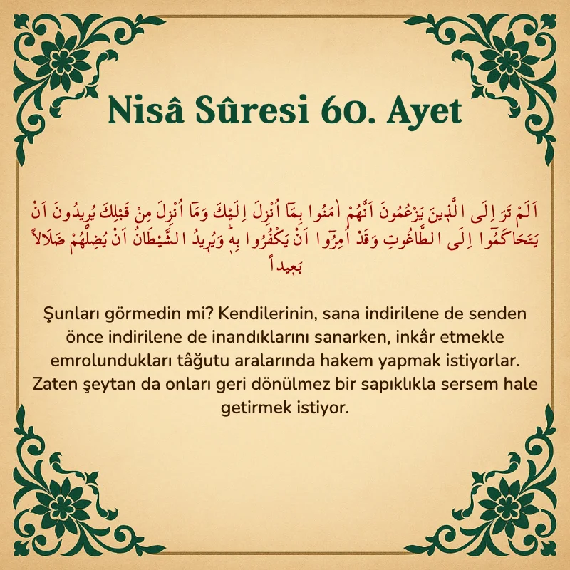 Nisâ Sûresi 60. Ayet Arapça ve Türkçe meali