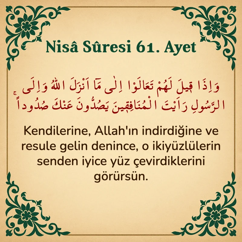 Nisâ Sûresi 61. Ayet Arapça ve Türkçe meali