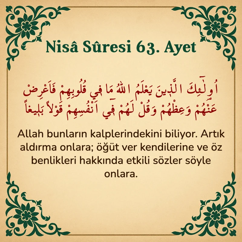Nisâ Sûresi 63. Ayet Arapça ve Türkçe meali