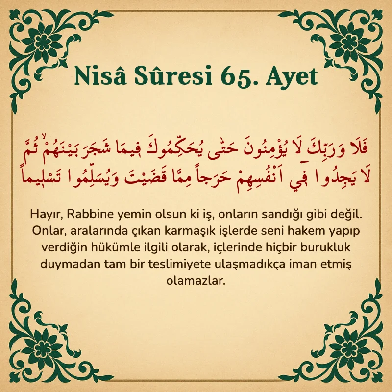 Nisâ Sûresi 65. Ayet Arapça ve Türkçe meali