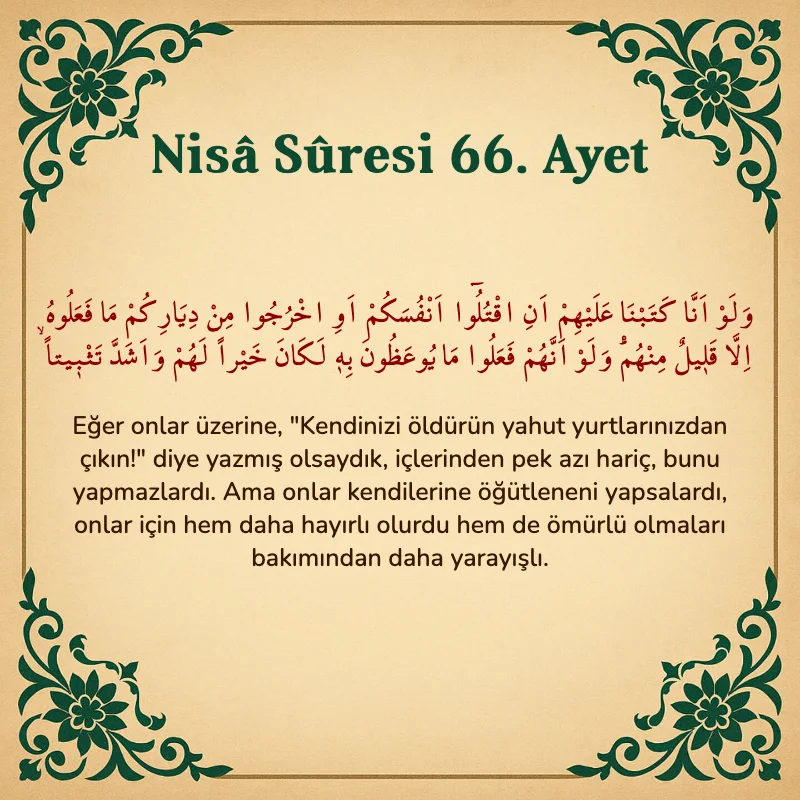 Nisâ Sûresi 66. Ayet Arapça ve Türkçe meali