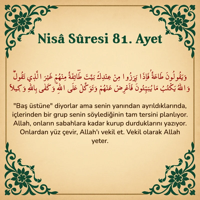 Nisâ Sûresi 81. Ayet Arapça ve Türkçe meali