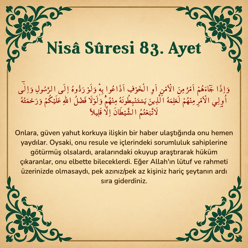 Nisâ Sûresi 83. Ayet Arapça ve Türkçe meali