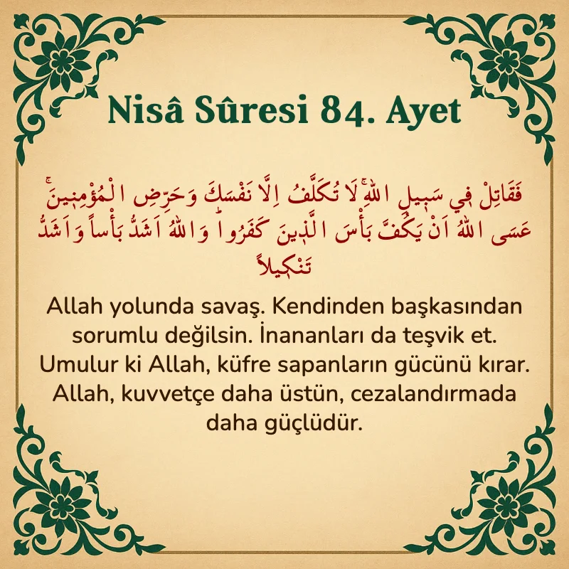 Nisâ Sûresi 84. Ayet Arapça ve Türkçe meali