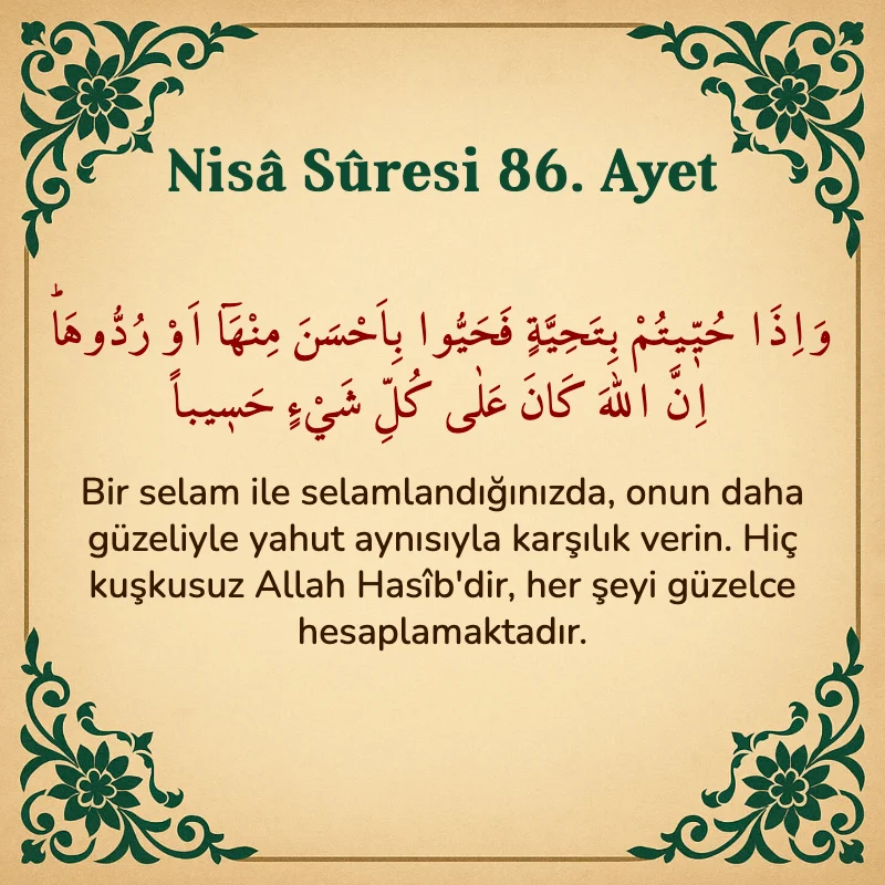 Nisâ Sûresi 86. Ayet Arapça ve Türkçe meali