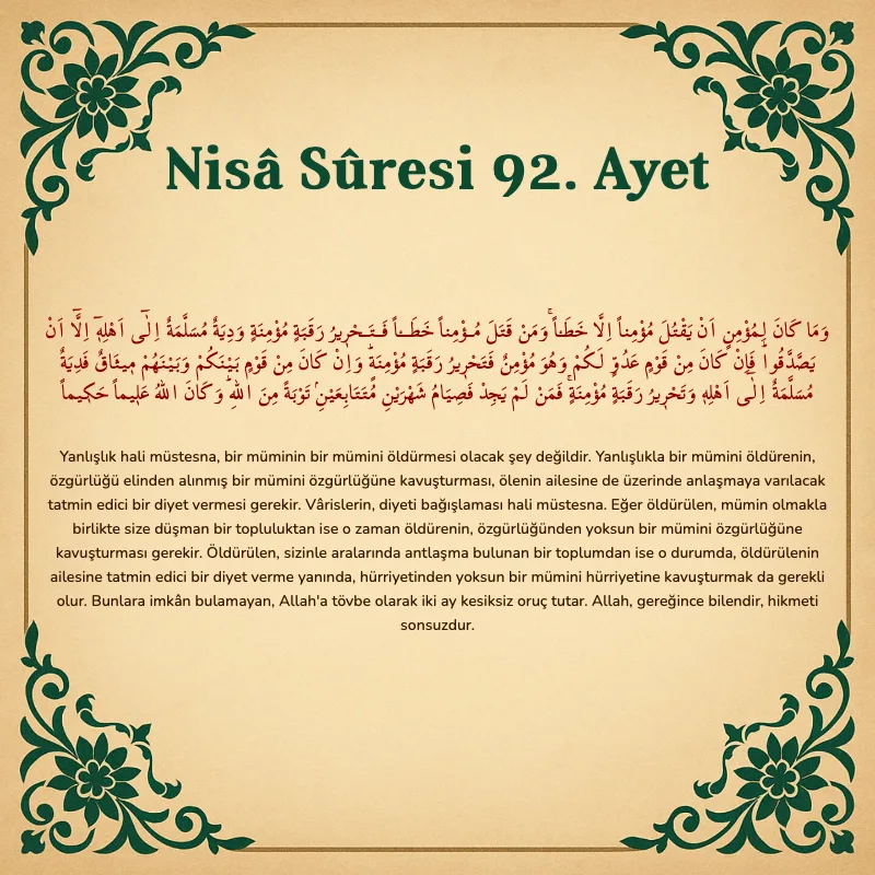 Nisâ Sûresi 92. Ayet Arapça ve Türkçe meali