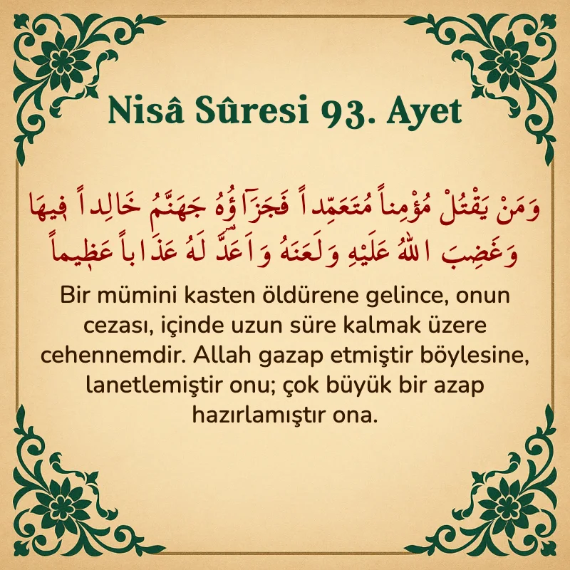 Nisâ Sûresi 93. Ayet Arapça ve Türkçe meali