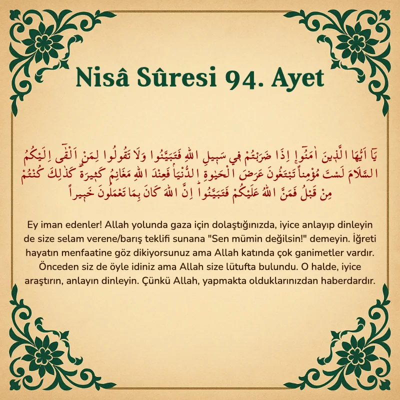 Nisâ Sûresi 94. Ayet Arapça ve Türkçe meali