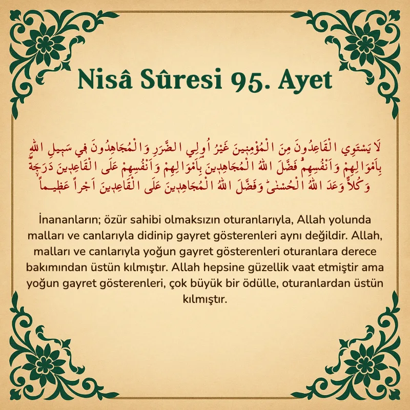 Nisâ Sûresi 95. Ayet Arapça ve Türkçe meali
