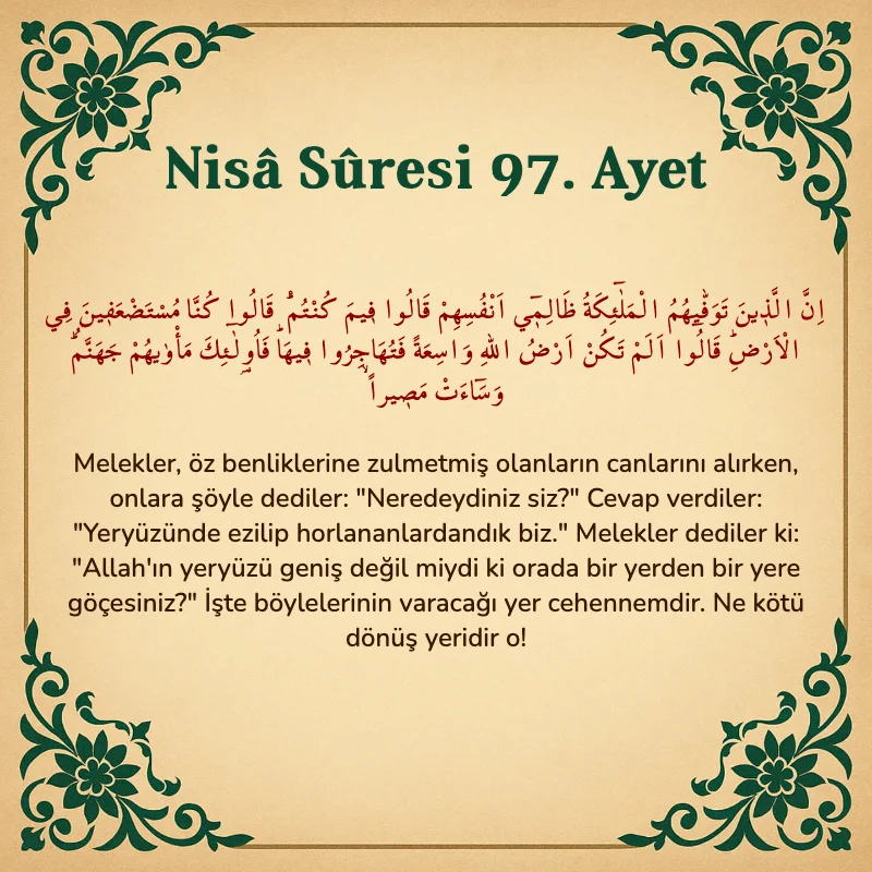 Nisâ Sûresi 97. Ayet Arapça ve Türkçe meali