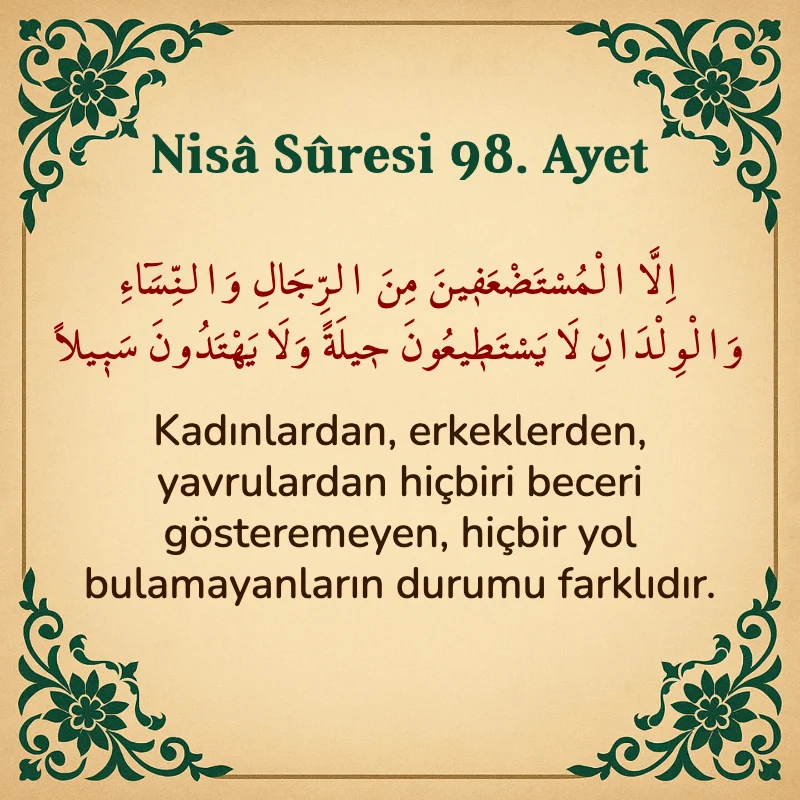 Nisâ Sûresi 98. Ayet Arapça ve Türkçe meali