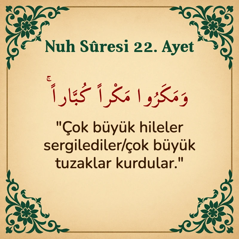 Nuh Suresi 22. Ayet Arapça ve Türkçe meali